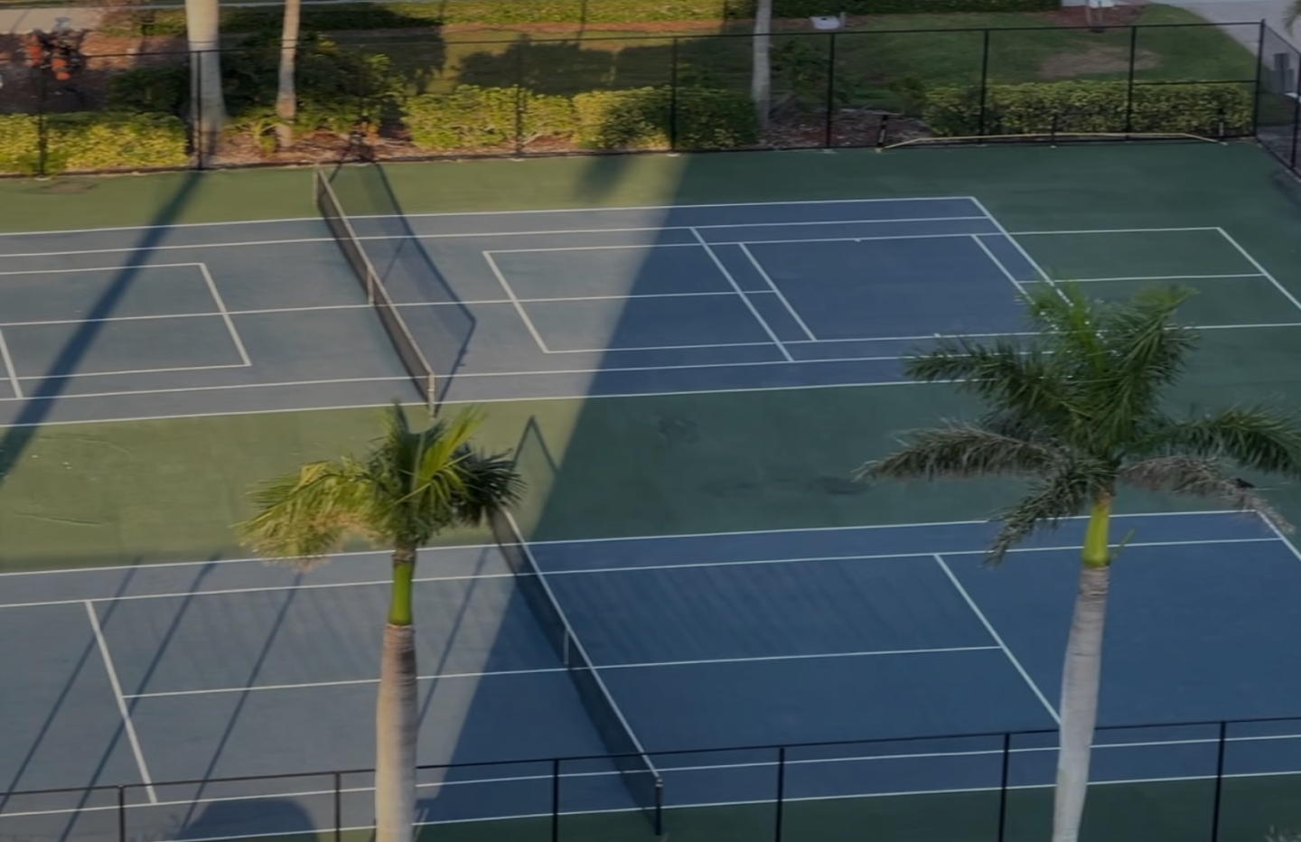 Aerial view of tennis courts lined with palm trees